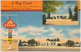 Postcard with two images of the El Rey Court architecture and one image of the El Rey Court sign