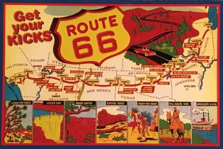 Postcard map detailing Route 66 with inset illustrations of popular attractions along the route and the phrase "Get your kicks: Route 66"