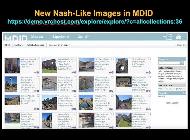 A screen shot of the Archivision images in MDID shows menu options to discover, experience, or search. Thumbnails of each photograph are provided with a partial view of the descriptive metadata and the IIIF logo. A keyword search box is on the right.
