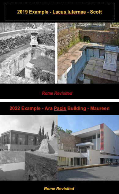 Two examples of paired juxtapositions. The top shows Nash’s original photograph of the Lacus Iuturnae next to the new Archivision digital photograph of the same monument. The second shows Nash’s shot of the building Mussolini built to house the Ara Pacis next to the new Archivision digital photograph of the Richard Meier building that has replaced it.