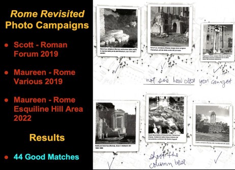 A chronology of photographic campaigns is provided on the left, two taking place in 2019 and one in 2022, resulting in 44 new images of ancient Roman monuments to compare with Nash’s originals. A sort of contact sheet of Nash’s images obtained from the Urban Legacy website is shown on the right with added notes about access and which details to photograph.