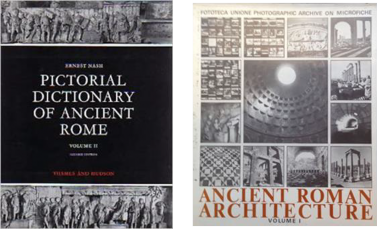 The cover of the Nash’s Pictorial Dictionary on the left has the Roman Forum’s Trajanic reliefs showing the emperor with togate men and lictors carrying out official business plus the full title of the book. The cover of Nash’s Ancient Roman Architecture microfiche collection on the right has the title at the bottom and a selection of photographs of ancient monuments and samples of the microfiche with the interior of the Pantheon’s dome in Rome most prominently displayed.