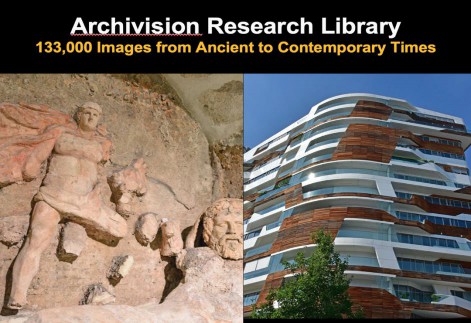 A relief sculpture of the ancient god Mithras killing a bull is on the left photographed under Santa Prisca in Rome and a detail shot of Zaha Hadid’s cutting edge contemporary architecture design, the CityLifeMilano housing complex with smooth white surfaces contrasted with textured wood and windows on the right. 