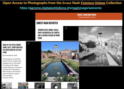 A screen shot of a digital image exhibition with descriptive text in the Mirador viewer is shown with the past and present project photographs of the House of the Vestal Virgins being compared.