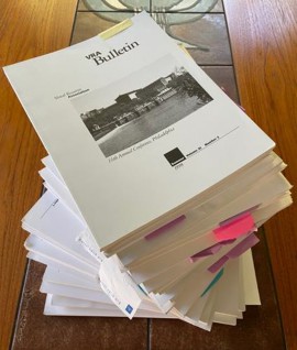 Stack of several issues of the "Visual Resources Association Bulletin" on a table