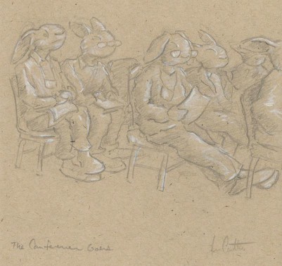 Sketch of small crowd of rabbit librarians seated and taking notes at a conference
