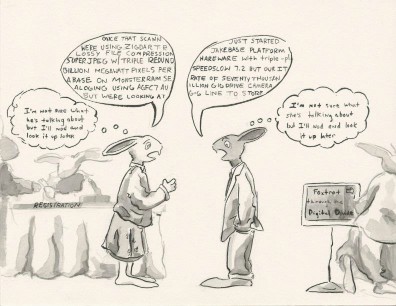 Two rabbit visual resource librarians talk at the registration desk of a conference, both with speech bubbles of tech-speak jargon that neither understands