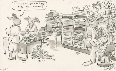 Rabbit faculty member asks rabbit slide librarian what she will do during the summer, despite the large mess of returned slides and paperwork surrounding them. Another faculty member pours the contents of a slide drawer into their briefcase.