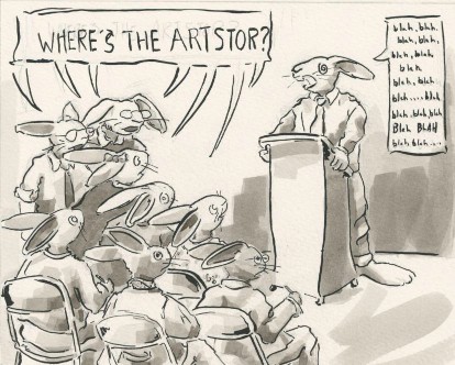 Crowd of rabbit librarians seated at talk demand incoherent rabbit speaker tell them, “Where’s the Artstor?” 