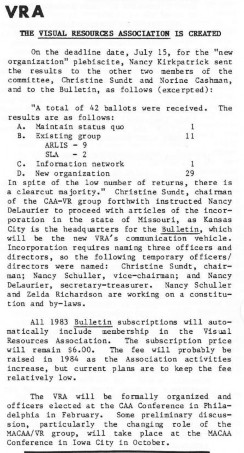 Page showing voting results for whether to form a new organization: 42 ballots were received. Option A: maintain status quo (1 vote), Option B: existing group (11 votes total: ARLIS - 9 votes, SLA - 2 votes), Option C: information network (1 vote), Option D: new organization (29 votes)